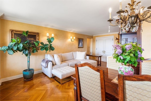 501 Surf Ave Unit 16K, Brooklyn, NY 11224 - living area featuring crown molding, a notable chandelier, and baseboards