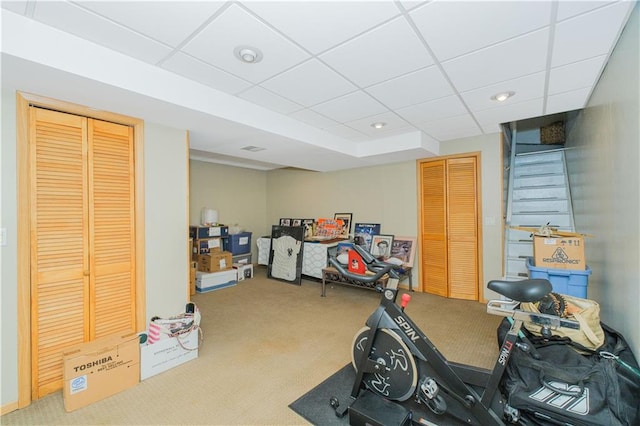 workout area with carpet flooring