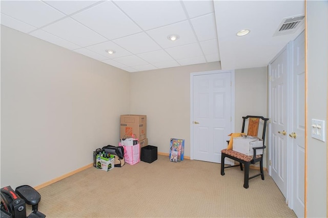 recreation room with recessed lighting, baseboards, visible vents, and light carpet