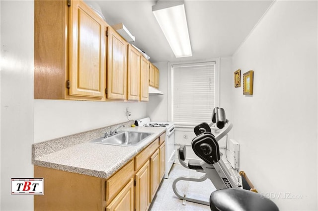 2052 E 28th St, Brooklyn, NY 11229 - kitchen featuring gas range gas stove, a sink, light brown cabinetry, light countertops, and under cabinet range hood