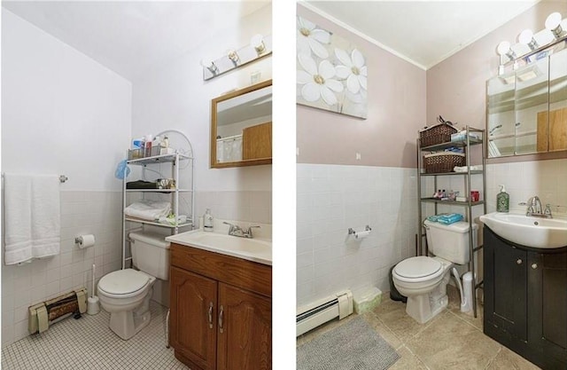 650 51st St Unit 1, Brooklyn, NY 11220 - bathroom featuring toilet, a baseboard heating unit, tile walls, vanity, and tile patterned flooring