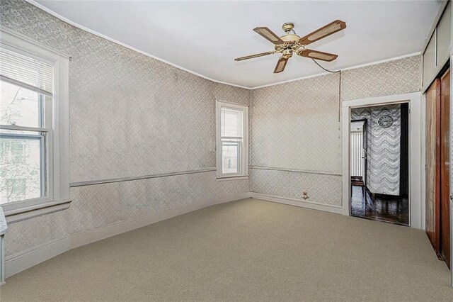 222 Albemarle Rd, Brooklyn, NY 11218 - carpeted empty room with ornamental molding, a ceiling fan, and wallpapered walls