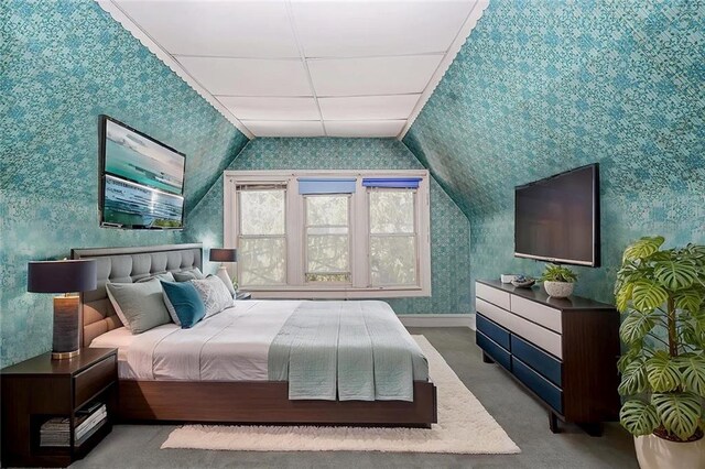 222 Albemarle Rd, Brooklyn, NY 11218 - bedroom featuring wallpapered walls, carpet floors, and vaulted ceiling