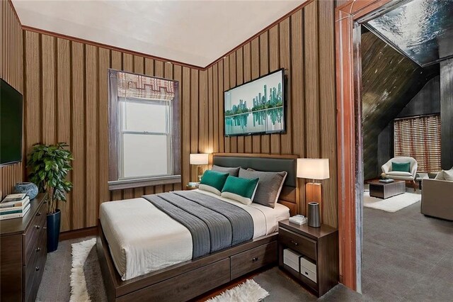 222 Albemarle Rd, Brooklyn, NY 11218 - bedroom featuring vaulted ceiling, wallpapered walls, and dark colored carpet