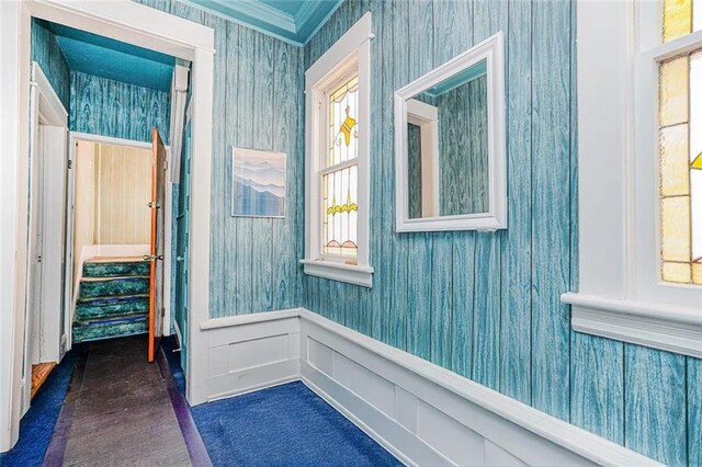 222 Albemarle Rd, Brooklyn, NY 11218 - bathroom with wallpapered walls, wainscoting, and wood finished floors