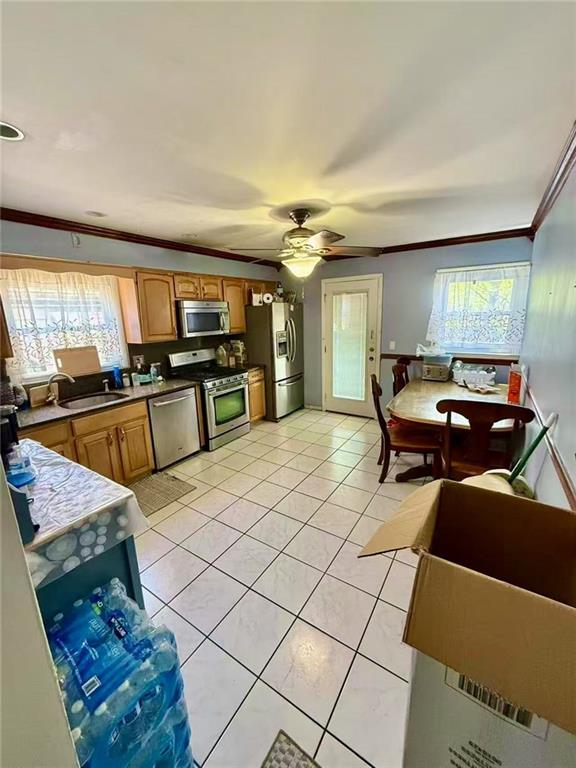 kitchen featuring crown molding, plenty of natural light, appliances with stainless steel finishes, and a sink