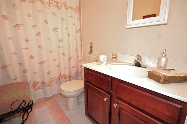 full bathroom with toilet, tile patterned floors, vanity, and curtained shower