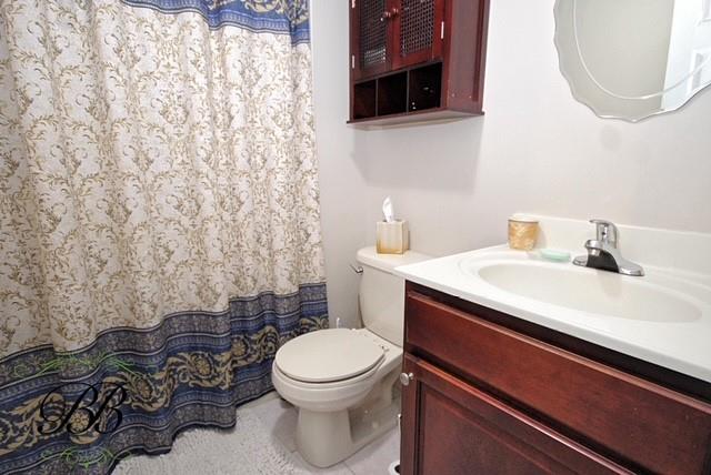 full bath with toilet, a shower with curtain, and vanity