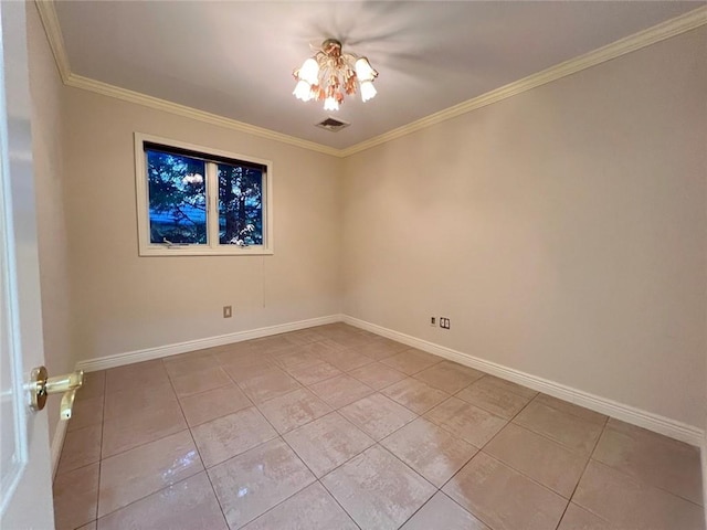 spare room with light tile patterned floors, crown molding, and baseboards