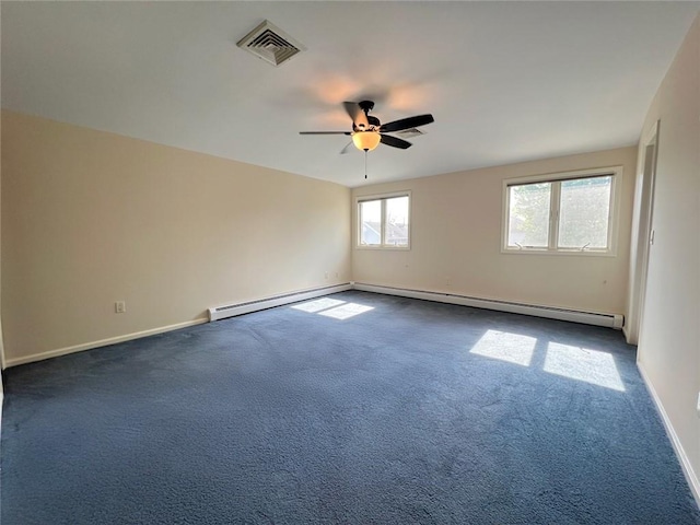 spare room featuring a ceiling fan, dark carpet, baseboards, and a baseboard radiator