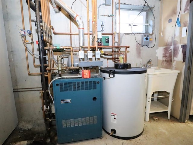 utilities featuring water heater and a heating unit