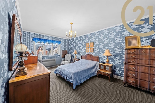 2138 E 26th St, Brooklyn, NY 11229 - bedroom with wallpapered walls, crown molding, a chandelier, and dark colored carpet