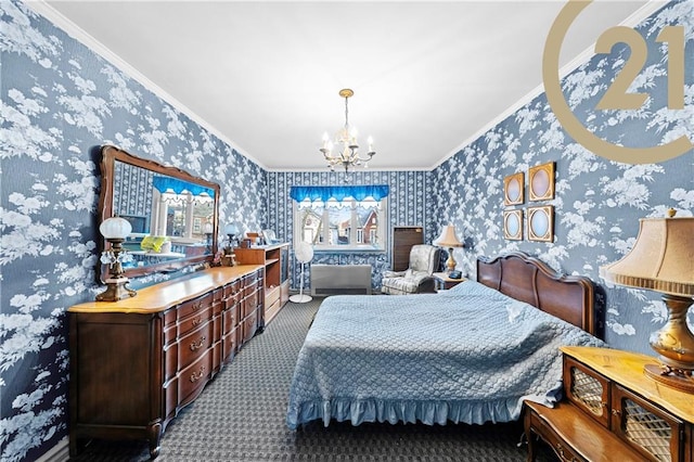 2138 E 26th St, Brooklyn, NY 11229 - carpeted bedroom featuring crown molding, a chandelier, and wallpapered walls