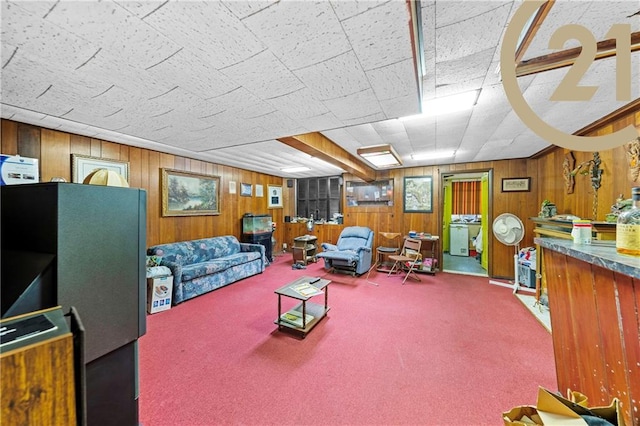 2138 E 26th St, Brooklyn, NY 11229 - carpeted living room featuring wood walls