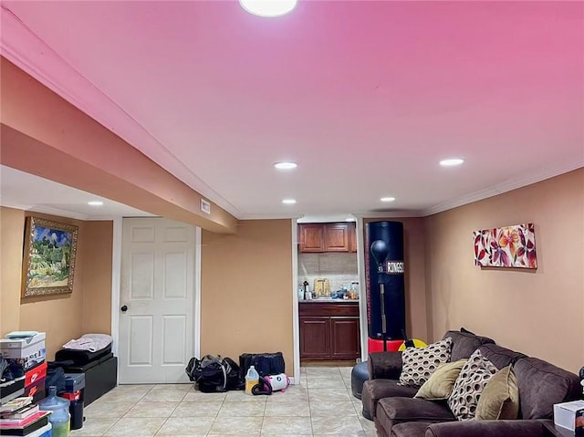 1202 E 46th St, Brooklyn, NY 11234 - living area featuring recessed lighting, ornamental molding, and light tile patterned flooring