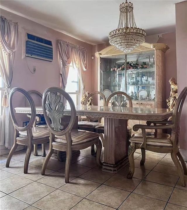 1202 E 46th St, Brooklyn, NY 11234 - dining space featuring light tile patterned floors, an AC wall unit, and a chandelier