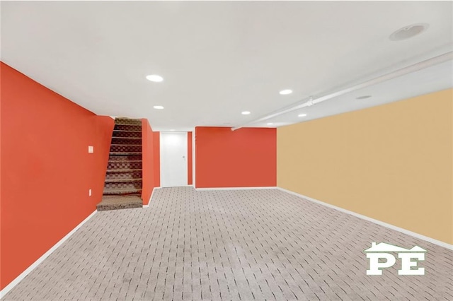 2758 E 26th St, Brooklyn, NY 11235 - finished basement with light carpet, recessed lighting, and stairway