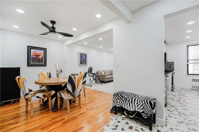 2546 E 13th St Unit A11, Brooklyn, NY 11235 - dining space with light wood-style floors, a ceiling fan, recessed lighting, and beam ceiling