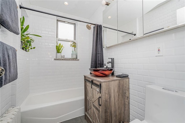 138 Wakeman Pl, Brooklyn, NY 11220 - full bathroom with radiator heating unit, shower / bath combo with shower curtain, and vanity