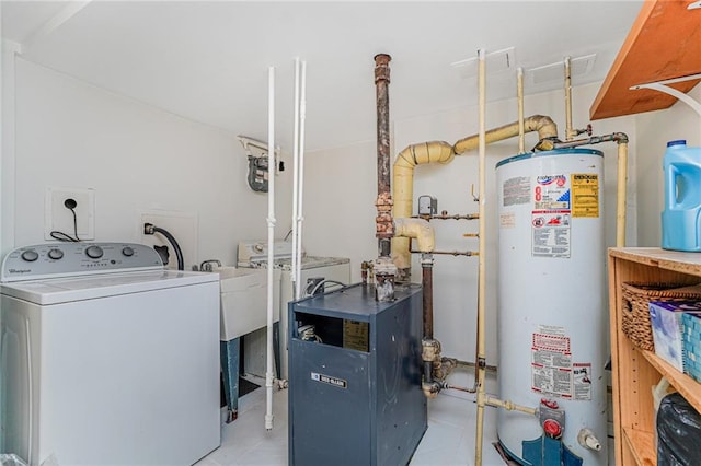 138 Wakeman Pl, Brooklyn, NY 11220 - laundry room featuring washer / clothes dryer, water heater, a heating unit, and tile patterned flooring