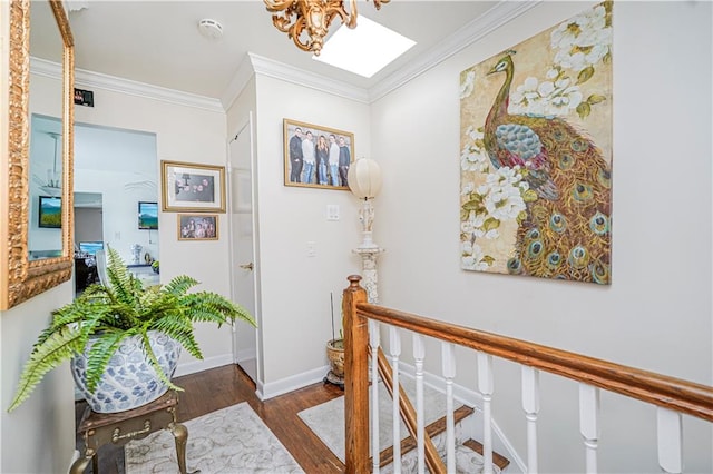 167 Bay 32nd St, Brooklyn, NY 11214 - corridor featuring crown molding, wood finished floors, a chandelier, and stairway