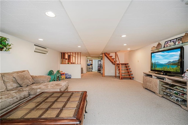 167 Bay 32nd St, Brooklyn, NY 11214 - carpeted living area featuring a wall unit AC, stairway, and recessed lighting
