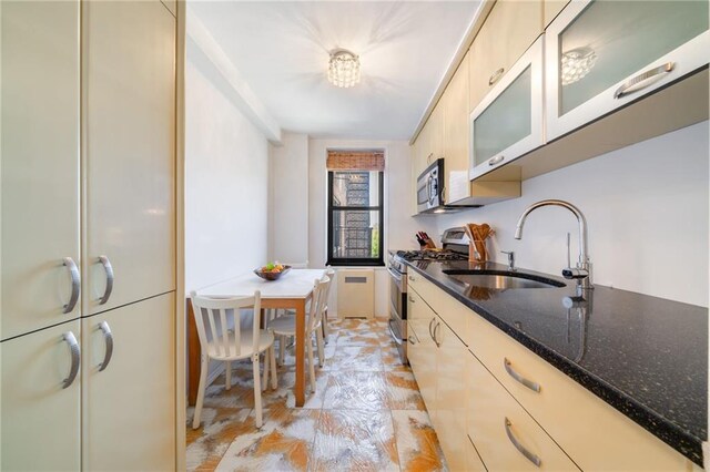 kitchen with stainless steel appliances, a sink, dark stone countertops, and glass insert cabinets