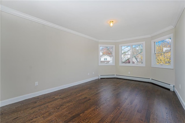 empty room featuring baseboards, dark wood-style floors, crown molding, and baseboard heating