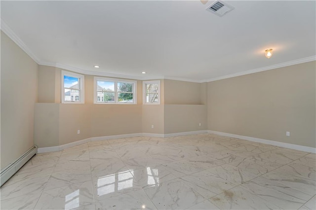 unfurnished room featuring a baseboard radiator, crown molding, baseboards, recessed lighting, and light marble finish floors