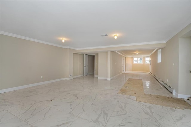 spare room with a baseboard radiator, crown molding, light marble finish floors, and baseboards