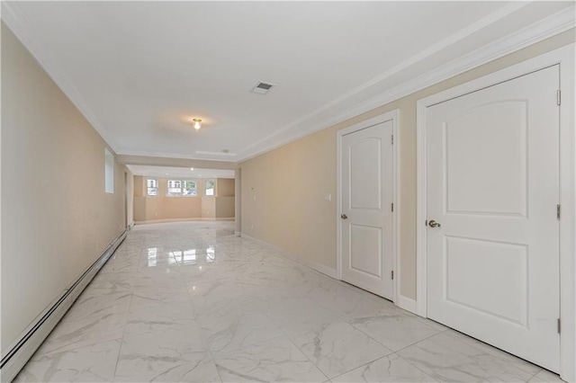 empty room with crown molding, light marble finish flooring, a baseboard heating unit, and baseboards