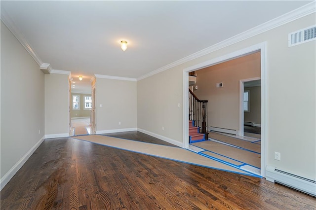 unfurnished room with a baseboard heating unit, stairs, baseboard heating, ornamental molding, and wood finished floors