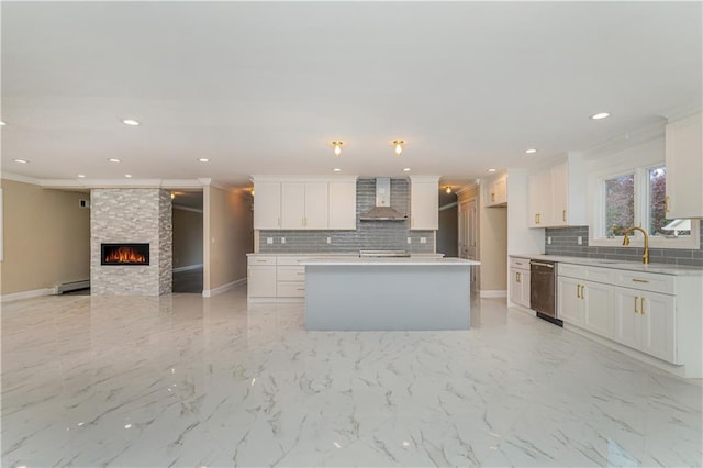 kitchen with wall chimney exhaust hood, stainless steel dishwasher, open floor plan, decorative backsplash, and crown molding