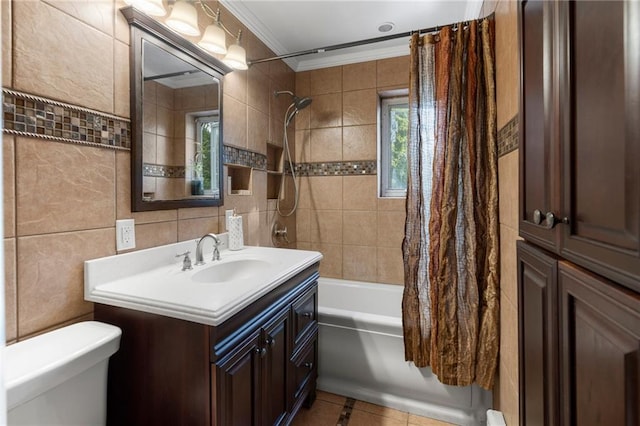 2472 Stuart St, Brooklyn, NY 11229 - full bathroom featuring shower / tub combo with curtain, vanity, crown molding, tile walls, and tile patterned flooring