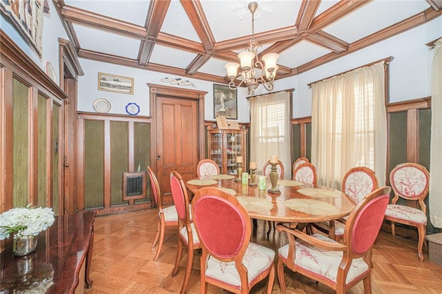 dining area featuring coffered ceiling, a chandelier, a wainscoted wall, a decorative wall, and beamed ceiling