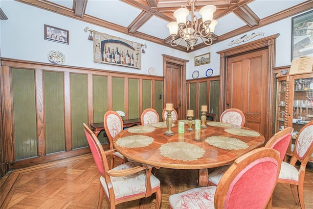 dining space with coffered ceiling, a wainscoted wall, and a chandelier