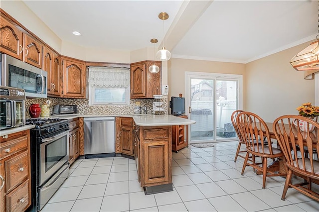1413 81st St, Brooklyn, NY 11228 - kitchen with appliances with stainless steel finishes, a peninsula, brown cabinets, decorative backsplash, and light countertops