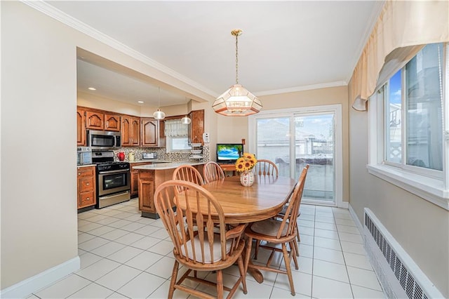 1413 81st St, Brooklyn, NY 11228 - dining space featuring radiator, light tile patterned floors, and ornamental molding