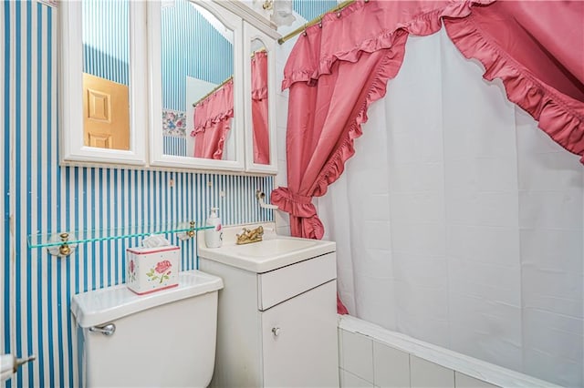 1413 81st St, Brooklyn, NY 11228 - bathroom featuring wallpapered walls, vanity, and a shower with shower curtain