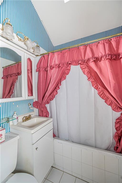1413 81st St, Brooklyn, NY 11228 - bathroom featuring vanity, a shower with shower curtain, and tile patterned floors
