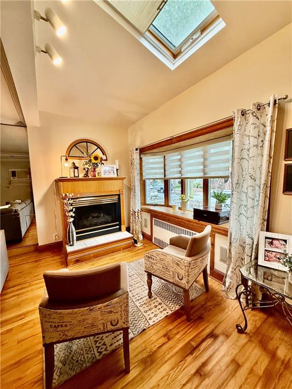 1413 81st St, Brooklyn, NY 11228 - living room featuring radiator heating unit, a skylight, wood finished floors, a glass covered fireplace, and vaulted ceiling