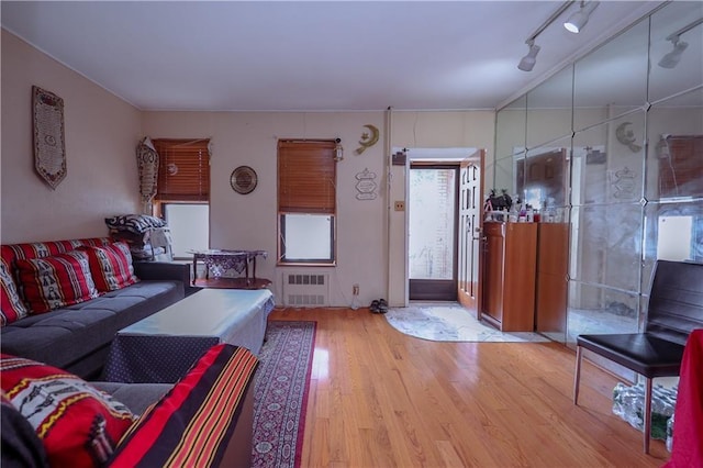living room with radiator, light wood-style flooring, track lighting, and crown molding