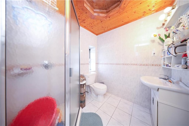 1820 73rd St Unit 3A, Brooklyn, NY 11204 - full bathroom featuring wood ceiling, toilet, tile patterned floors, vanity, and a stall shower