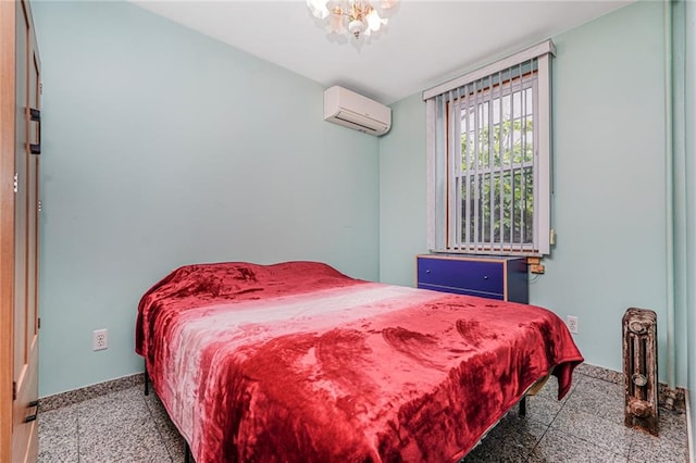 1519 71st St, Brooklyn, NY 11228 - bedroom with a wall mounted air conditioner, granite floors, baseboards, and a chandelier