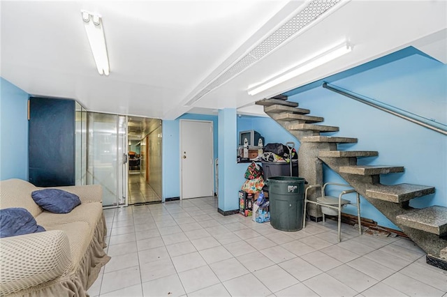 1519 71st St, Brooklyn, NY 11228 - finished basement with stairway and tile patterned floors