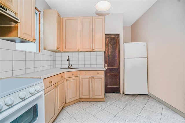 1519 71st St, Brooklyn, NY 11228 - kitchen featuring white appliances, light brown cabinetry, exhaust hood, a sink, and decorative backsplash