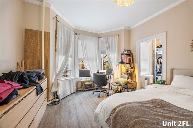 bedroom with radiator heating unit, crown molding, wood finished floors, a desk, and a spacious closet