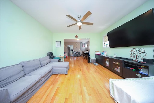 living area with a ceiling fan and light wood-style floors