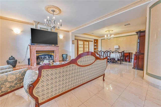 1401 74th St, Brooklyn, NY 11228 - living area with a chandelier, crown molding, and a high end fireplace