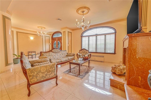 1401 74th St, Brooklyn, NY 11228 - living area with a chandelier, radiator, crown molding, and tile patterned floors
